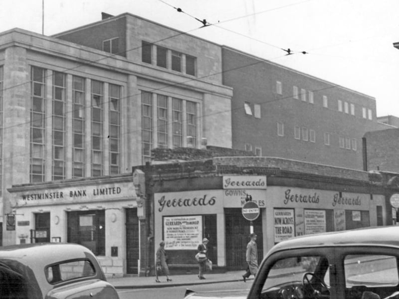 High Street, Sheffield, at the junction with George Street, in Octobert 1957, showing the former premises of Gerrards, ladies outfitters; Westminster Bank; and the newly constructed John Walsh and Co department store
