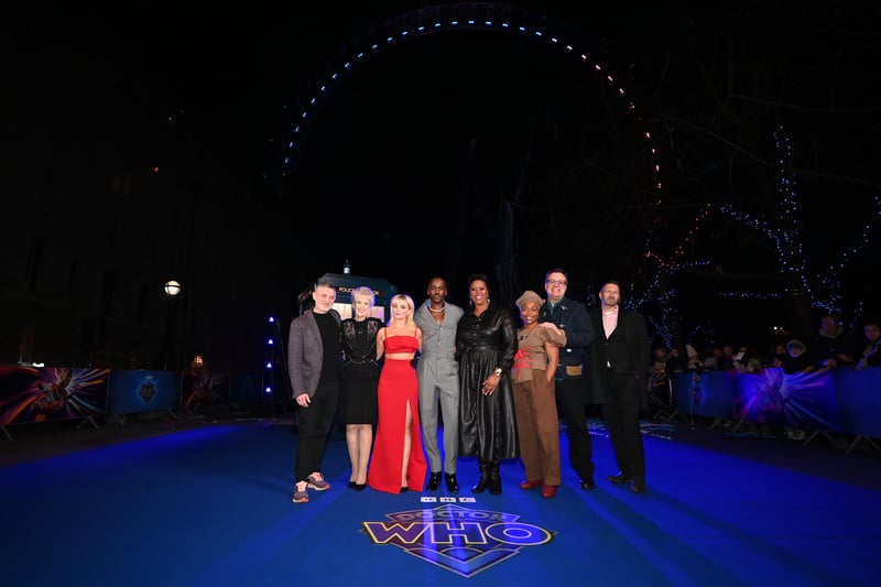 Alex Beaton, Anita Dobson, Millie Gibson, Ncuti Gatwa, Michelle Greenidge, Angela Winter, Russell T Davies and Phil Collinson at the London Eye. (Photo by Kate Green/Getty Images)