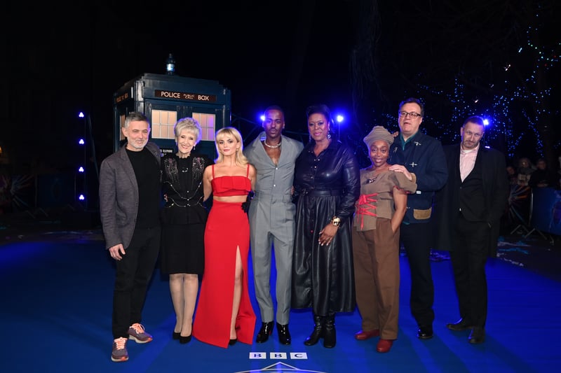 Alex Beaton, Anita Dobson, Millie Gibson, Ncuti Gatwa, Michelle Greenidge, Angela Winter, Russell T Davies and Phil Collinson attend as Ncuti Gatwa illuminates The London Eye in tribute to his new title role in Doctor Who. (Photo by Kate Green/Getty Images)