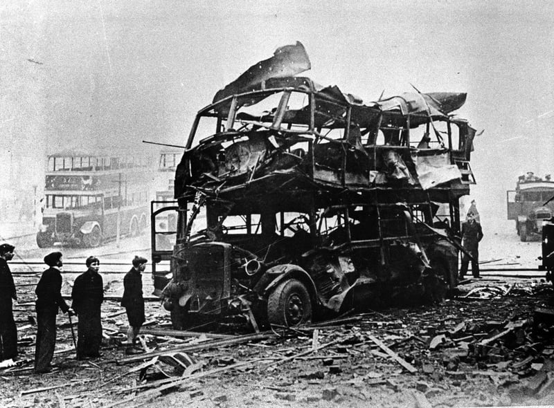 The wreckage of a bus during the Sheffield Blitz