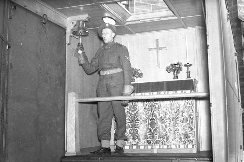 This mobile church came into service on Wearside at Christmas in 1944.
The mobile church of the Venerable Bede was dedicated by the Bishop of Durham Dr A T P Williams at a DLI depot in the Northern Command.