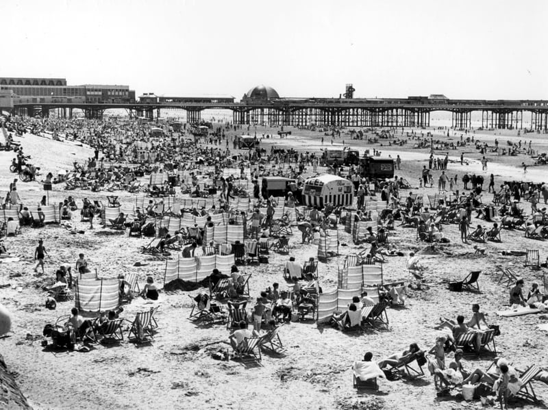 Blackpool's Central Beach with deckchairs and wind breakers pictured in the late 1970s when you could watch a hi-tech cinema show inside a domed tent on Central Pier