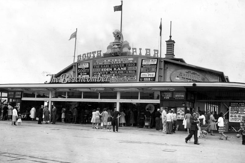 An exterior view of The Beachcomber, the  amusement centre at the South Pier in 1963.  Pier entertainment included The Sooty Show and Marty Wilde and the Wildcats .'Dirty' Dominic Pye headlined the wrestling bill
