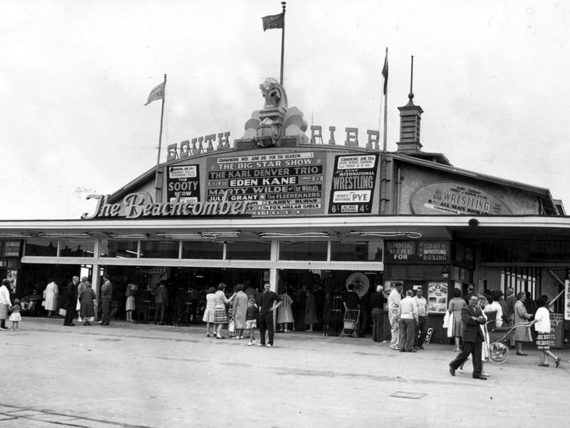 An exterior view of The Beachcomber, the amusement centre at the South Pier in 1963. Pier entertainment included The Sooty Show and Marty Wilde and the Wildcats .'Dirty' Dominic Pye headlined the wrestling bill