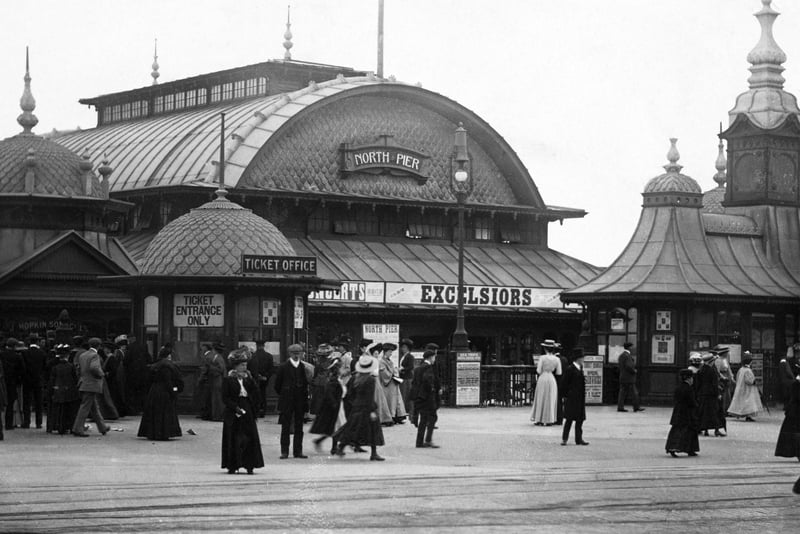 The entrance to North Pier in July 1909 showing the 1903 pavilion, which was modernised in 1965 