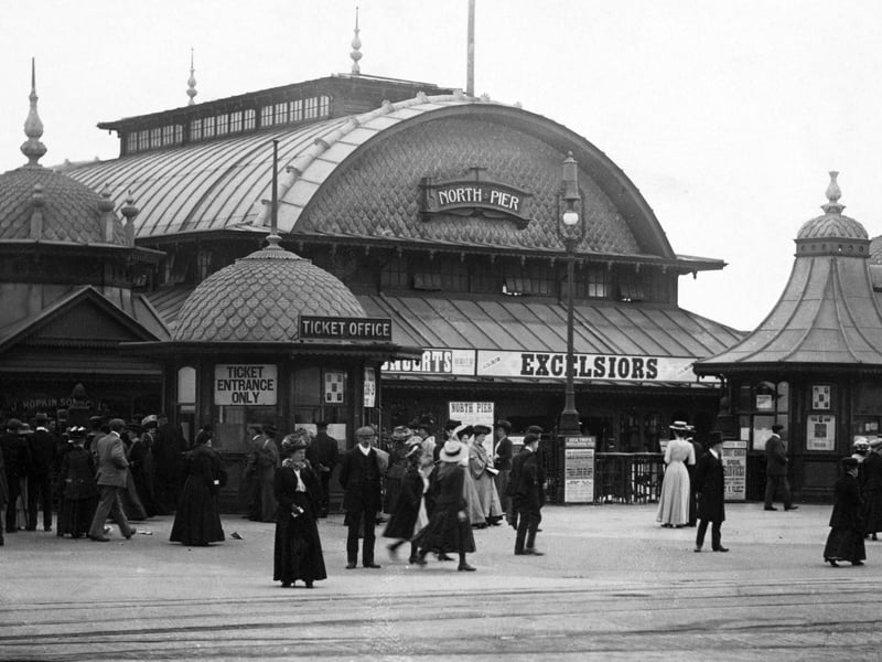The entrance to North Pier in July 1909 showing the 1903 pavilion, which was modernised in 1965