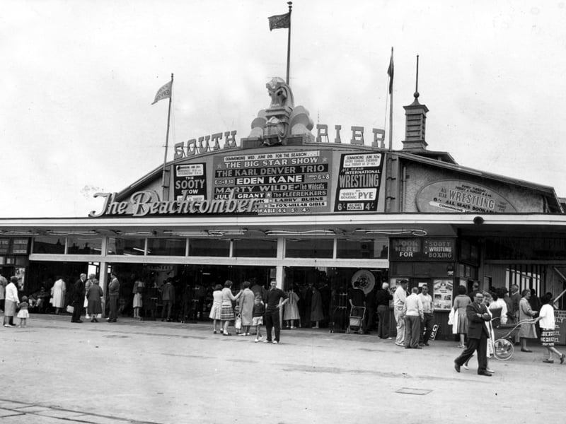 An exterior view of The Beachcomber, the amusement centre at the South Pier in 1963. Pier entertainment included The Sooty Show and Marty Wilde and the Wildcats. 'Dirty' Dominic Pye headlined the wrestling bill