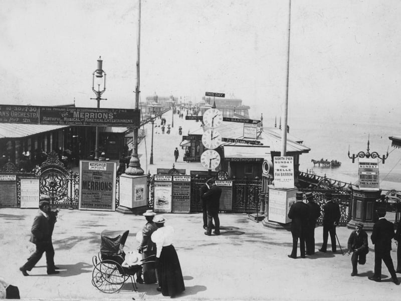 One of the earliest pictures of North Pier, taken in June 1897. The clocks showed the times of the sailings to Barrow and Southport