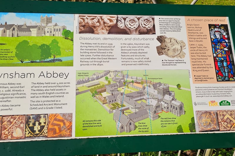 The information board by the ruins gives some background to the Augustinian abbey including how it was founded by William, second Earl of Gloucester, c. 1166. The abbey held 4000 acres of land in Keynsham and was used as a resting place of rest in 871 AD for Bishop Heahmund of Sherbourne, an Anglo-Saxon warrior who was killed in battle with Vikings, and in 1495, Jasper Tudor, the uncle of Henry VII was also buried here.
