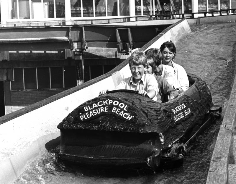 A splashing time on the log flume at Blackpool Pleasure Beach with Amanda Thompson at back and Henry Legge at the front with Fiona in the middle, 1981
