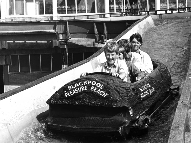 A splashing time on the log flume at Blackpool Pleasure Beach with Amanda Thompson at back and Henry Legge at the front with Fiona in the middle, 1981