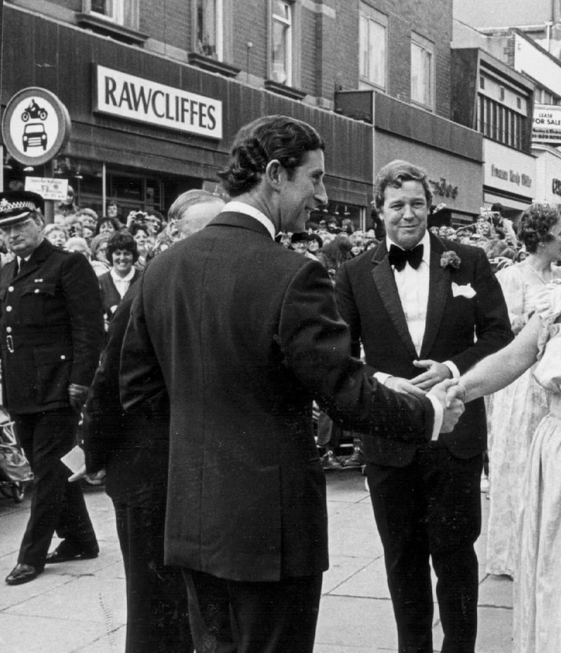 Arriving at The Grand Theatre, Prince Charles was greeted by Mr & Mrs Geoffrey Thompson and John Broadbent, chairman of Friends of the Grand, 1981.