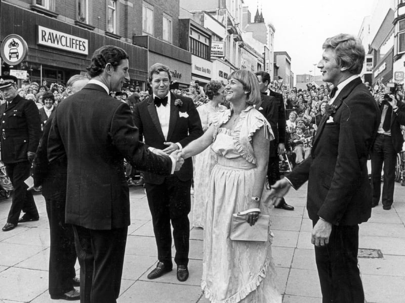 Arriving at The Grand Theatre, Prince Charles was greeted by Mr & Mrs Geoffrey Thompson and John Broadbent, chairman of Friends of the Grand, 1981.