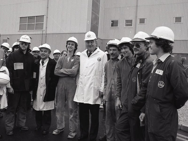 This was 1981 when Government minister Willie Whitelaw was speaking at the launching of a Â£25 million factory which has created 100 new jobs in the county. He is pictured above with some of the workers at the official opening of the ICI Hillhouse Works 