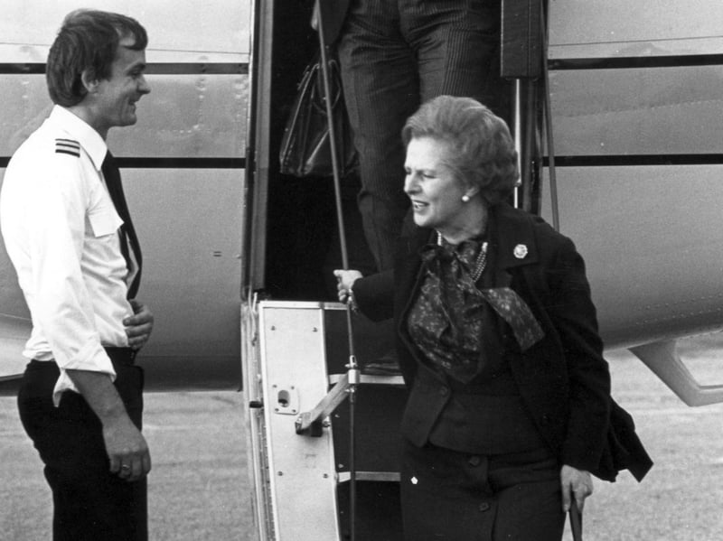 Prime Minister Margaret Thatcher arrives at Blackpool Airport in October 1981