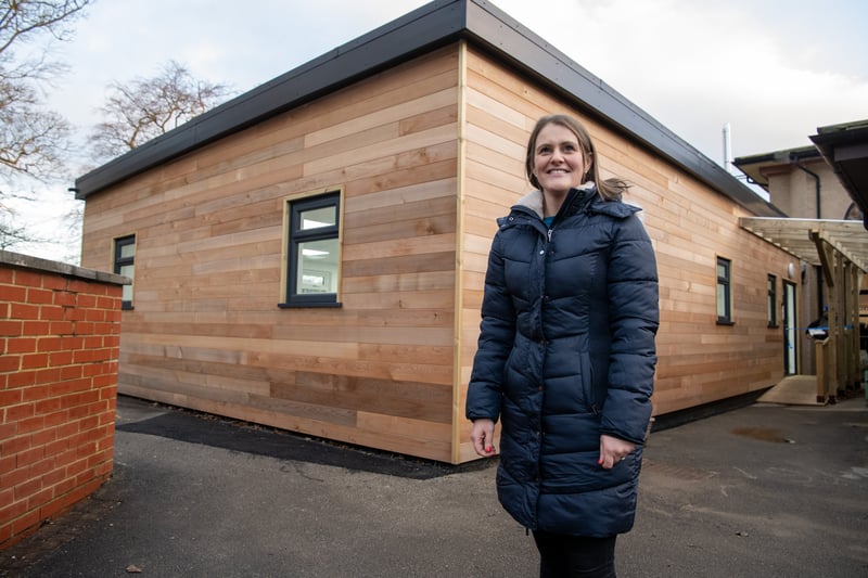 Headteacher Katie Furlong by new purpose-built building at Kerr Mackie Primary School in Leeds. 