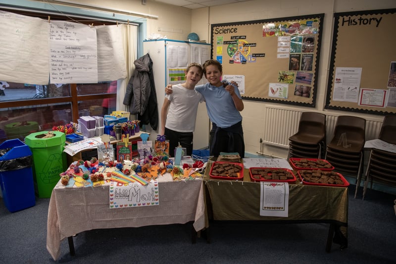 Pupils taking part in an enterprise project selling Christmas gifts at Kerr Mackie Primary School in Leeds. 