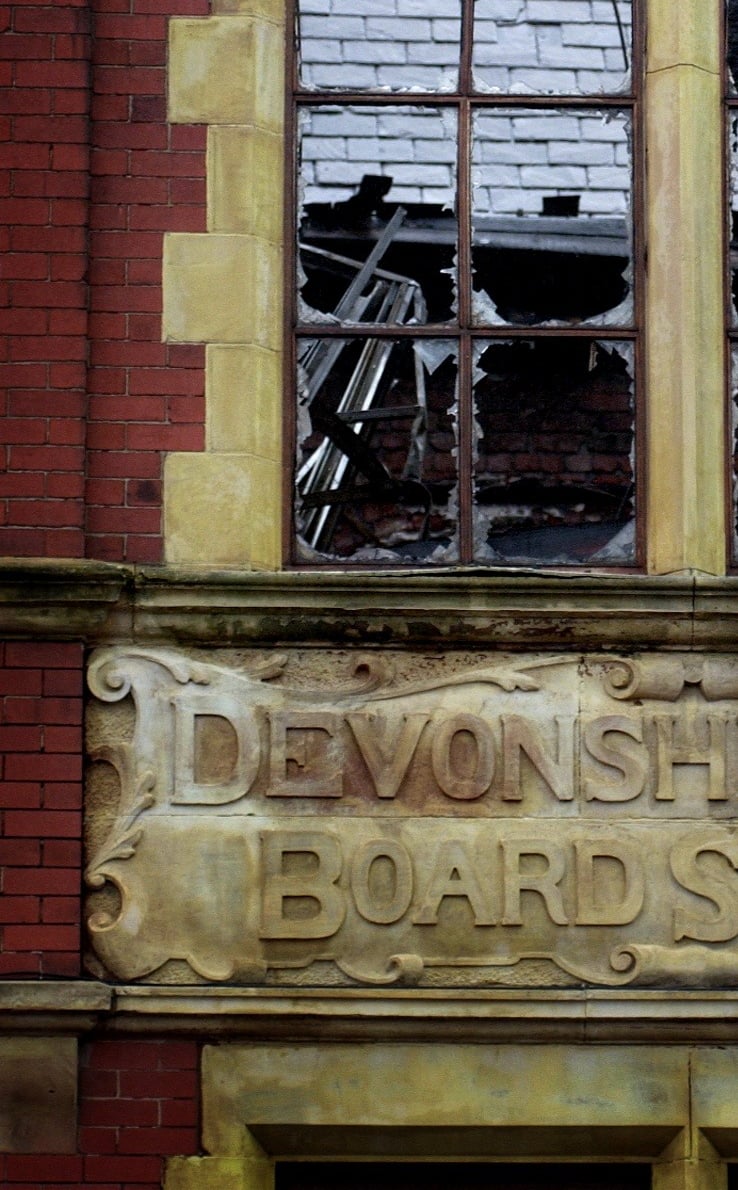 Aftermath of the fire as pictured above the stonework with the school name