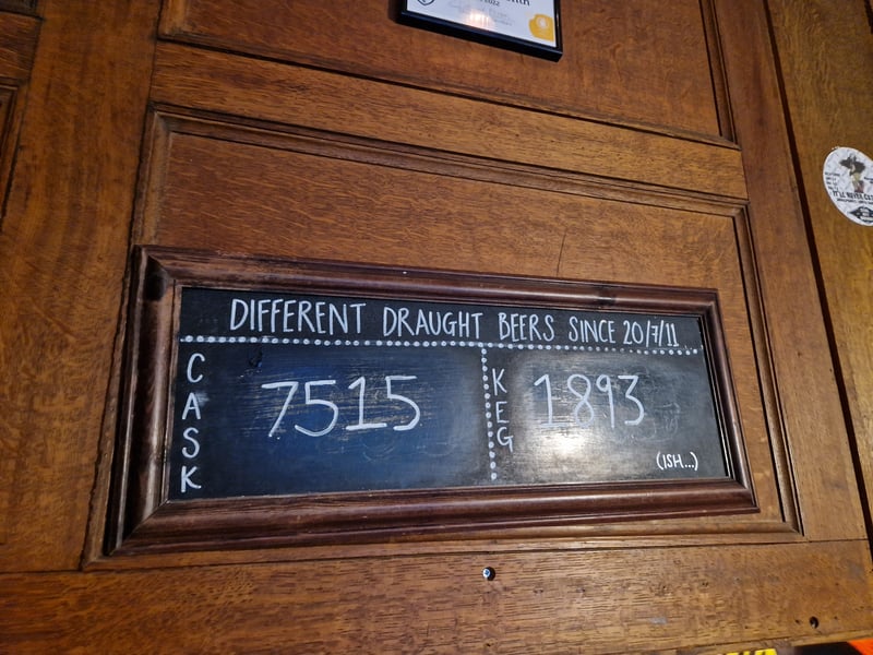 This board keeping tally of the number of beers served at Shakespeare's is in need of updating