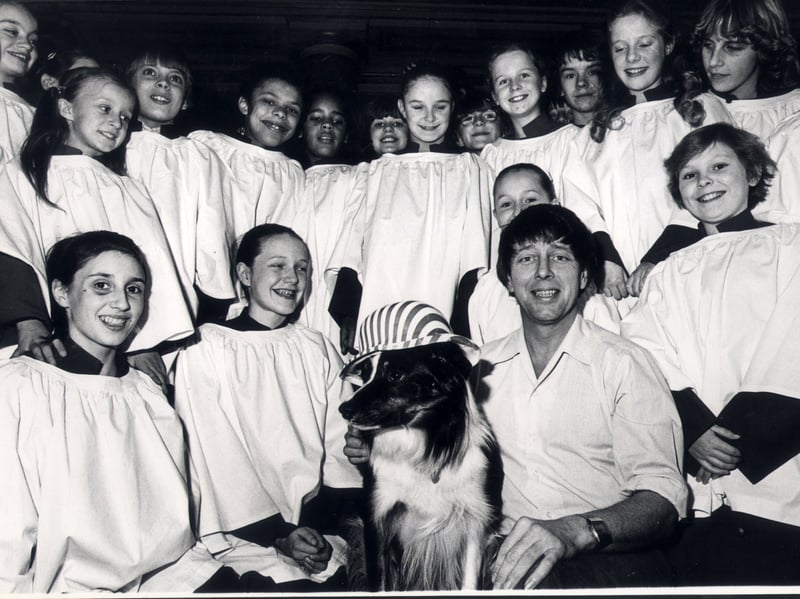 Blue Peter's John Noakes and Skip at Sheffield City Hall, with children, at the Marti Caine Christmas pantomime in November 1980