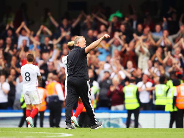Chris Wilder, Manager of Sheffield United shows appreciation to the fans after the Premier League match between Chelsea FC and Sheffield United at Stamford Bridge on August 31, 2019 in London, United Kingdom. (Photo by Warren Little/Getty Images)