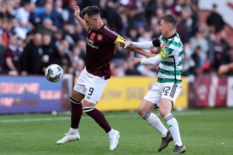 Lawrence Shankland of Hearts holds off Calum McGregor of Celtic at Tynecastle.