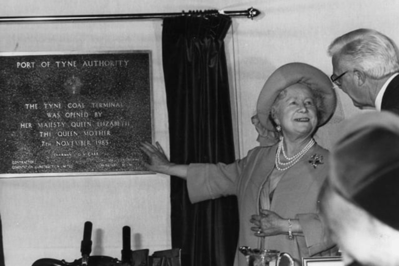 Queen Elizabeth, the Queen Mother, is pictured unveiling the plaque at the Port of Tyne, to mark the opening of the Tyne Coal Terminal, in November 1985.