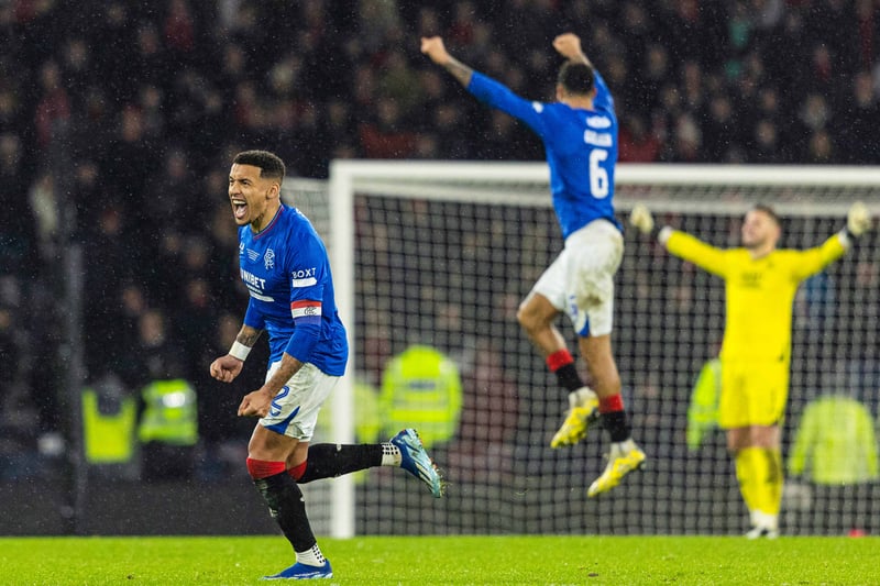 Rangers players James Tavernier, Connor Goldson and Jack Butland react at the full-time whistle.