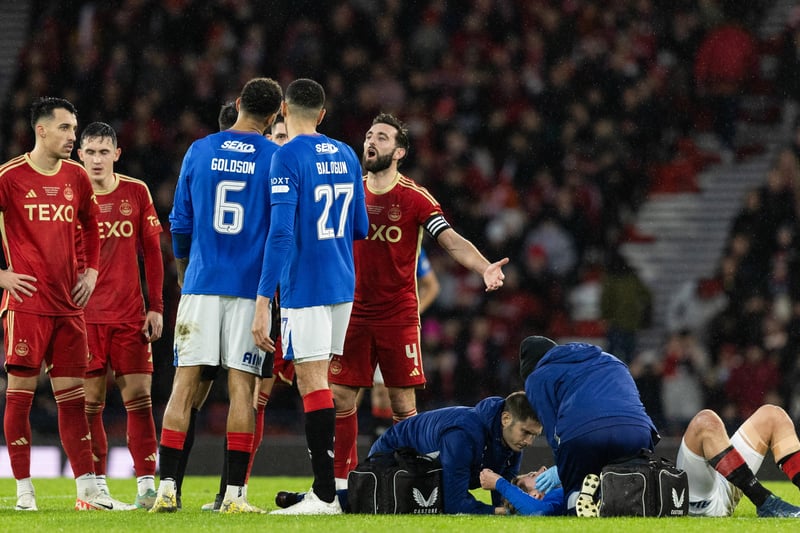 Rangers attacker Todd Cantwell receives treatment from the the club's medical staff after being suffering a head knock under Aberdeen midfielder Graeme Shinnie's challenge.
