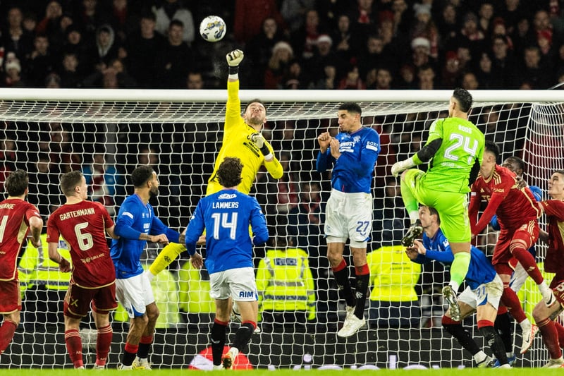 Rangers goalkeeper Jack Butland punches the ball clear from a late Aberdeen corner as opposing stopper Kelle Roos charges into the box.