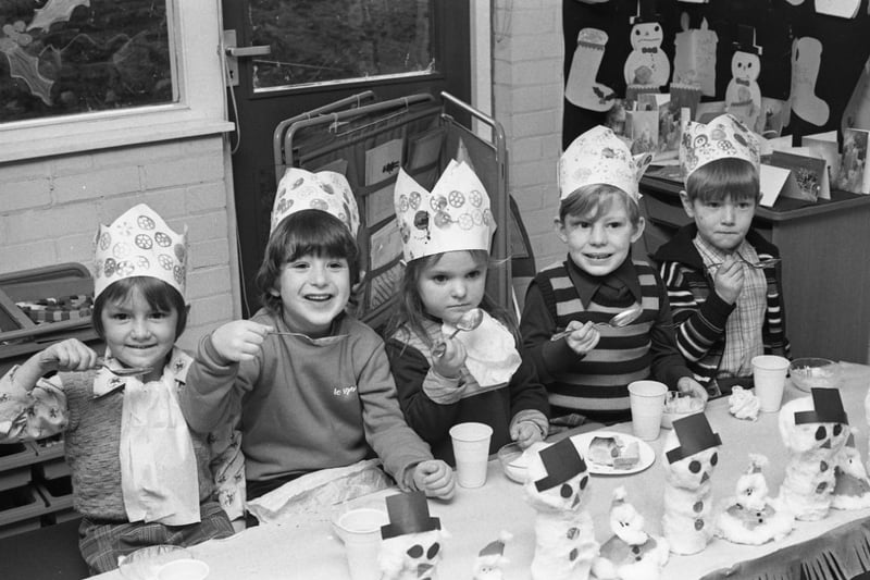 Tucking into their Christmas tea are these youngsters from Albany Infants School in Washington in 1977. 
Left to right are: Trevor Merry (5), Daniel Tait (4), Alison Walton (4), Mark Brown (4) and Wayne Harrison (5).