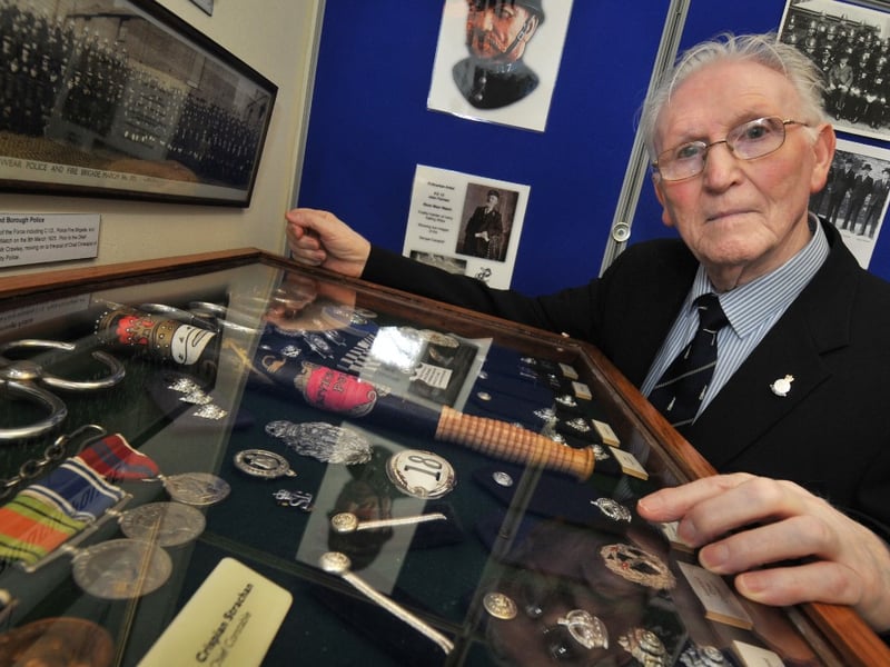 Harry Wynne alongside part of his collection of police memorabilia, which was on display at Sunderland Antiquarian Society in 2014.
