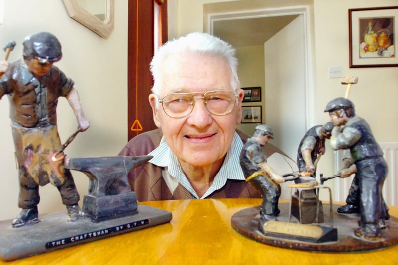 Former colliery blacksmith George Westgarth with some of his great work in 2007.
It also included a selection of painted miners hats.