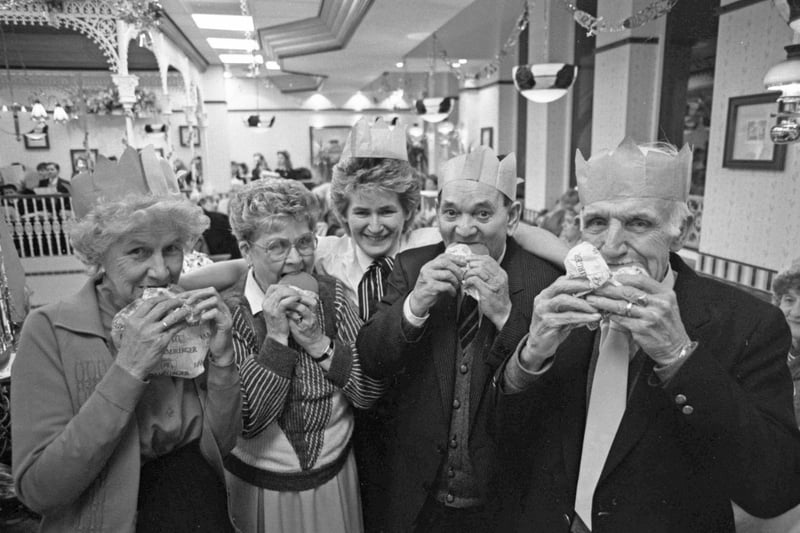 A pensioners Christmas party at McDonalds in High Street West in 1990.
Perhaps the music for their party was Cliff Richard's Saviour's Day. After all, it was number one that year.