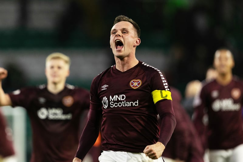 Lawrence Shankland celebrates at full time following the Hearts win over Celtic