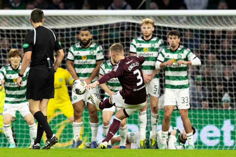 A stunning free-kick from Kingsley doubles Hearts' lead as Celtic's defence fails to stop the ball. 
