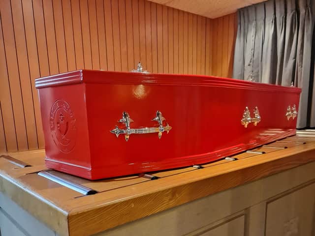 The Sheffield United-themed coffin organised by the funeral directors for Joshua. (Photo courtesy of Michael Fogg Funeral Directors)