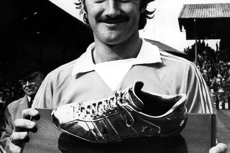 BFC's Mickey Walsh with gold plated boot in 1975.