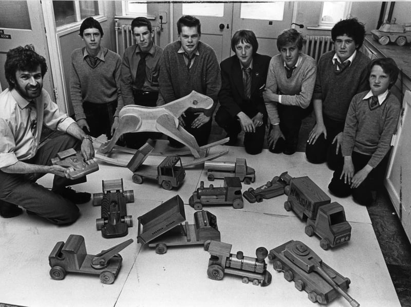 St Mary's School
teacher Mr Schofield (left) with from left John Bottomley, Michael Cusack, Stephen Salmon, Robert Knight, Paul Hannigan, Ian Dobson, Alan Murphy and some of their models
1981