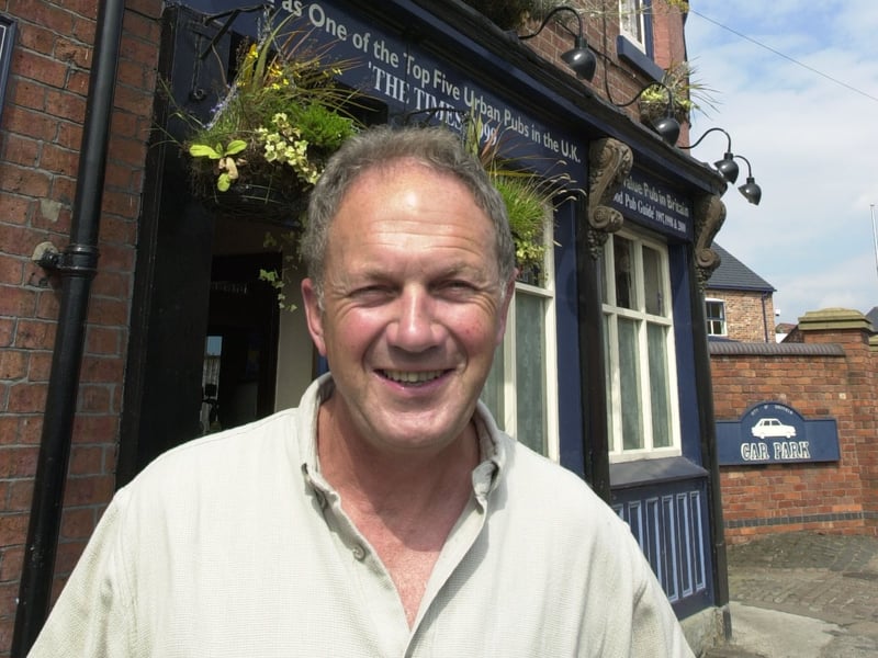 Dave Wickett outside The Fat Cat pub, on Alma Street, Sheffield, in July 2001