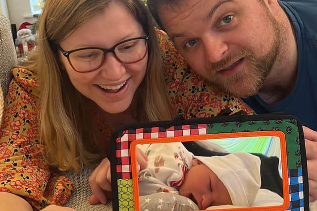 Michelle Walder and Owen Jenkins, from Sheffield, with a photo of their baby, Jessica Charlotte Amytis Jenkins, who was born on Sunday, December 17. The couple wed as strangers on the Channel 4 show Married at First Sight UK in 2020. Photo: @mafs_owenandmichelle via Instagram