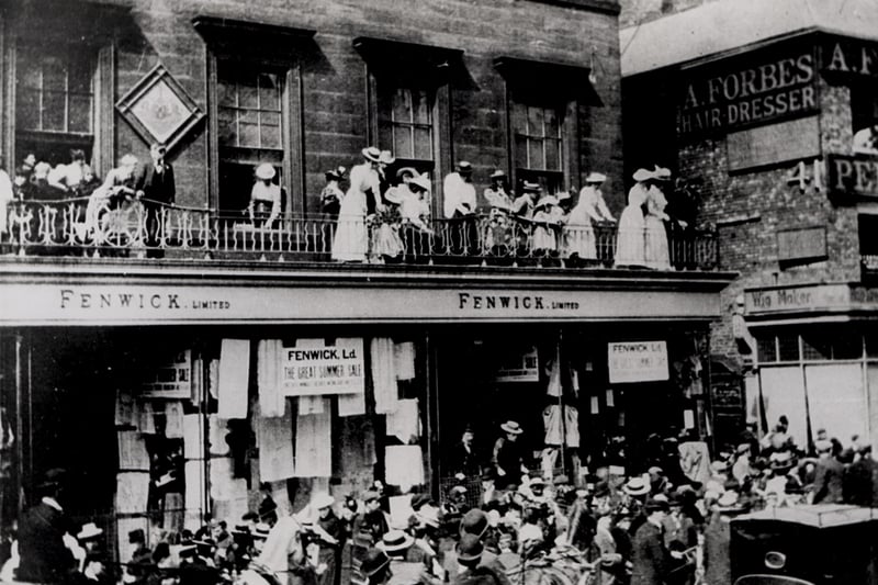 A view of Fenwick Ltd Northumberland Street Newcastle upon Tyne taken in 1898. The photograph shows crowds outside Fenwick's for the great summer sale. 