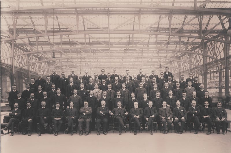 Railway staff photograph at Glasgow Central Station in 1904.