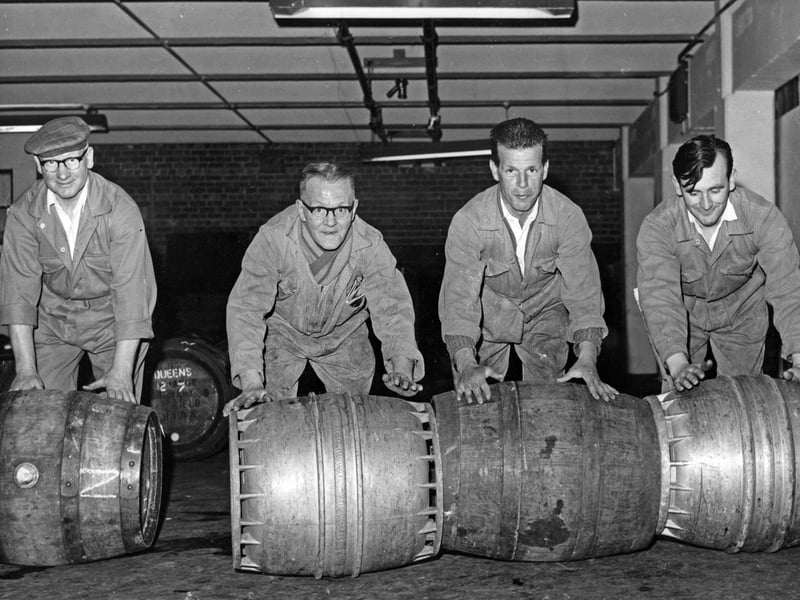 Rolling out the barrels at Tennants Exchange Brewery, Sheffield, in July 1962