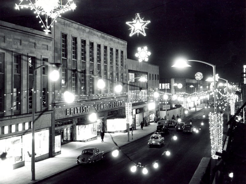 Christmas illuminations on The Moor, Sheffield, in November 1962, with the shops pictured including British Home Stores