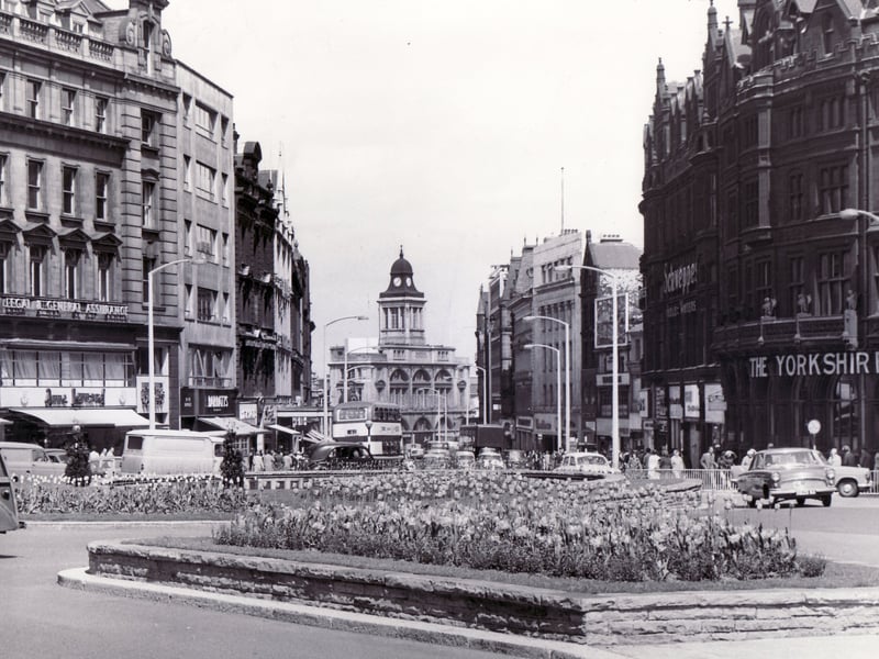 Traffic islands turned into flower beds in the centre of Sheffield, at the junction of Surrey Street, Fargate, Leopold Street, Barker's Pool and Pinstone Street, in May 1962