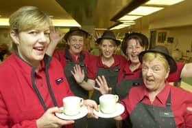 Staff at the cafe in Woolworths, on The Moor, Sheffield, celebrate after being named the best Woolworths cafe in January 2001. Pictured left to right are manager Lesley Robb, Margaret Coldwell, Louise Dowson, Leigh Demir and May White