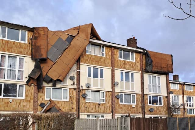Sheffield City Council shared this image of how the roofing of a flat block in Haslam Crescent has been pulled away by high winds from Storm Pia.