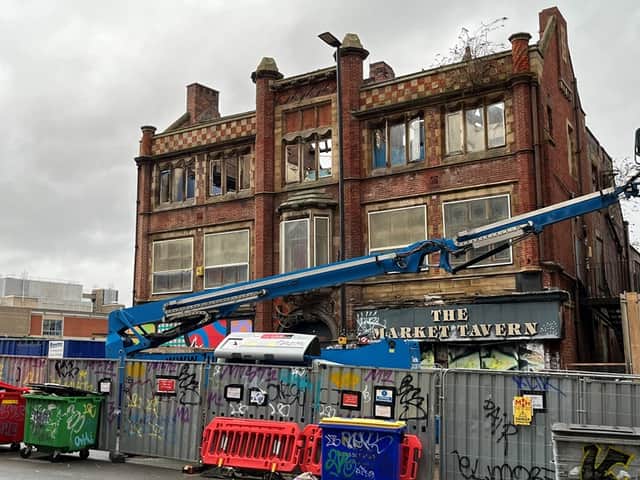 Demolition has begun on the former Market Tavern pub in Exchange Street after investigators ruled it was unsafe with 'no option' but to pull it down.