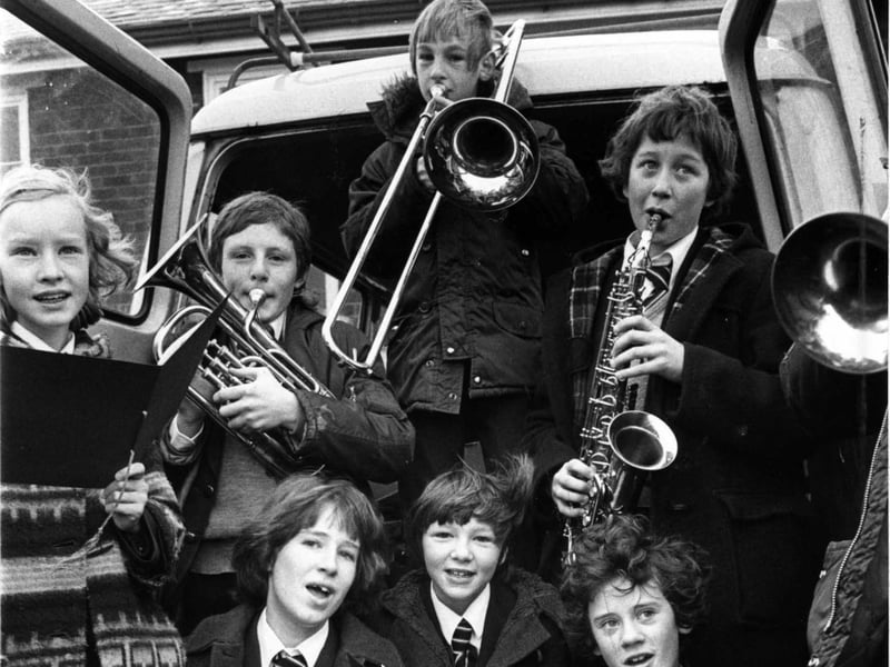 Members of Millfield High School Band and Choir off on their Carol Concerts along the Fylde Coast 1980
